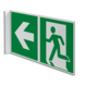 Haaks bord E001 - Nooduitgang links naar beneden met pijl