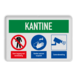 Veiligheidsbord voor kantine met pictogram werkkleding verboden, handen wassen verplicht