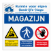 Veiligheidsbord voor magazijn met 3 pictogrammen + banner en logo
