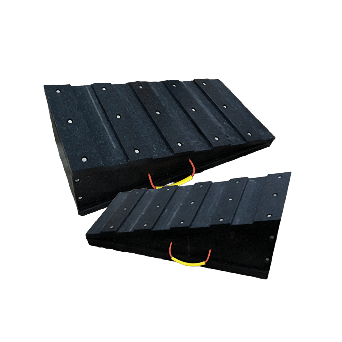 Fiqops 4 x rubberen wielstopper met gele reflecterende strepen, 54x15x10cm parkeerbegrenzer, parkeerbarrière, parkeerstopper met uitzetschroef, parkeerbarrières voor parkeerplaatsen, garages