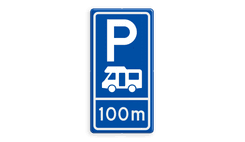 Parkeerroutebord E8n camper met afstandsaanduiding