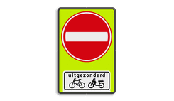 Verkeersbord RVV C02OB54f - Eenrichtingsweg met uitzondering - fluor achtergrond