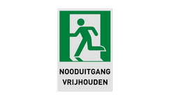 Nooduitgangbord met tekst NOODUITGANG VRIJHOUDEN