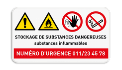 Panneau de sécurité stockage de produits dangereux + numéro d'urgence