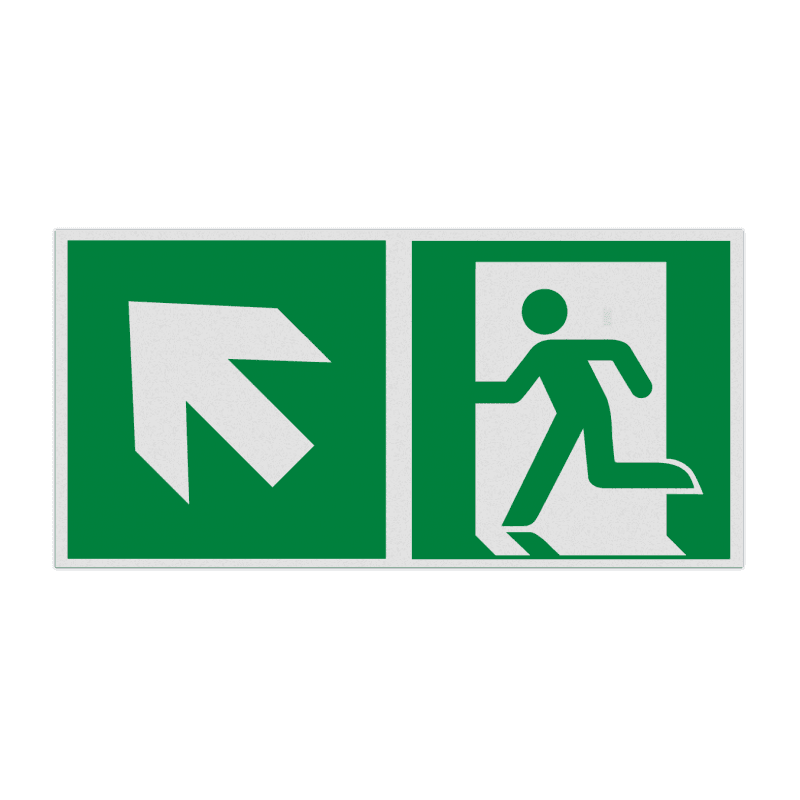 Nooduitgang links trap omhoog - Pictogram E001 | Veiligheidsbord.nl