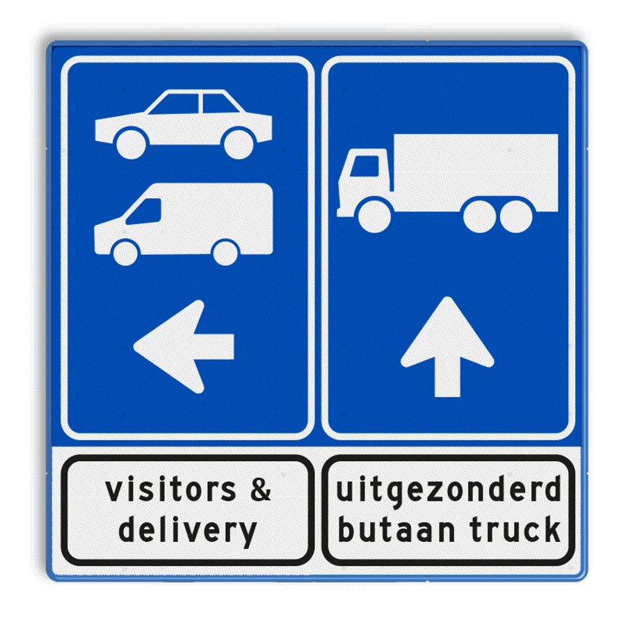 Routebord met pictogram auto en vrachtwagen, pijl en tekst kopen?