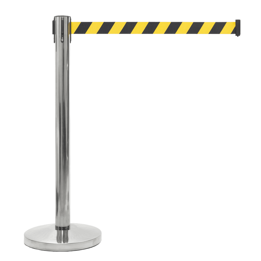 Poteau de balisage inox chromé avec ruban rétractable jaune/noir – 2m
