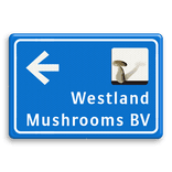 Blauw verwijsbord met pijl en eigen logo