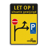 Informatiebord situatie gewijzigd met inrijverbod en route voor parkeren en logo