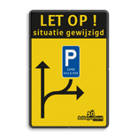 Informatiebord situatie gewijzigd met route voor parkeren KISS & RIDE en logo