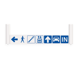 Verwijsbord 130x20cm AUTO en VOETGANGER wit met blauwe pictogrammen en pijl