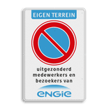 Parkeerverbodsbord met pictogram en tekst in huisstijl