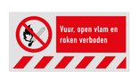 Verbodsbord P003 met tekst Vuur, open vlam en roken verboden