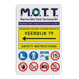 Veiligheidsbord met diverse veiligheidspictogrammen en bedrijfslogo
