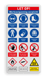 Veiligheidsbord voor betreden terrein met werkvergunning en 12 verschillende pictogrammen