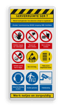Veiligheidsbord met logo, veiligheidsinstructies en 9 pictogrammen
