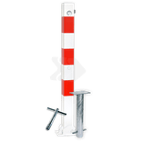 Poteau anti-stationnement rabattable 70x70mm rouge/blanc avec manchon de sol