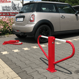 Parkplatzsperre rot, aus Stahl - umlegbar mit Dreikantschloss