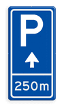 Parkeerbord BW201 met aanpasbare pijl en afstandsaanduiding