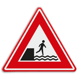 Verkeersbord - waarschuwing voor voetgangers voor kade of rivieroever