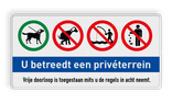 Bord privéterrein toegang/regels, honden aan de lijn,  niet vissen, afval opruimen