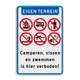Informatiebord eigen terrein - Kamperen en zwemmen verboden - reflecterend