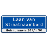 Straatnaambord 28 karakters 800x300mm 2 regelig + huisnummers NEN 1772