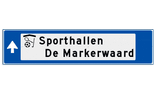 Verwijsbord object (blauw) - met 1 pictogram, 2 regel tekst en pijl