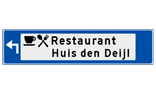 Verwijsbord object (blauw) - met 2 pictogrammen, 2 regel tekst en pijl