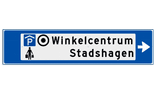 Verwijsbord object (blauw) - met 3 pictogrammen, 2 regel tekst en pijl