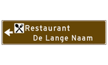 Verwijsbord toeristisch (bruin) - met 1 pictogram, 2 regels tekst en pijl