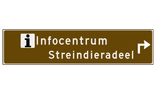 Verwijsbord toeristisch (bruin) - met 1 pictogram, 2 regels tekst en pijl