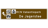 Verwijsbord toeristisch (bruin) - met 3 pictogrammen, 2 regels tekst en pijl
