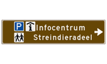 Verwijsbord toeristisch (bruin) - met 3 pictogrammen, 2 regels tekst en pijl