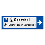 Verwijsbord KOKER Blauw/wit/zwart - pijl rechts, 2 regelig met 3 pictogrammen - Klasse 3 reflecterend