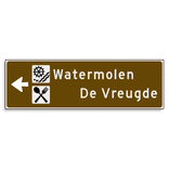 Verwijsbord KOKER Bruin/wit/zwart - pijl links, 2 regelig met 2 pictogrammen - Klasse 3 reflecterend