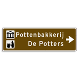 Verwijsbord KOKER Bruin/wit/zwart - pijl rechts, 2 regelig met 2 pictogrammen - Klasse 3 reflecterend