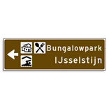 Verwijsbord KOKER Bruin/wit/zwart - pijl links, 2 regelig met 3 pictogrammen - Klasse 3 reflecterend