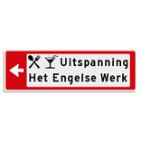 Verwijsbord KOKER Rood/wit/zwart - pijl links, 2 regelig met 2 pictogrammen - Klasse 3 reflecterend