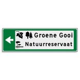 Verwijsbord KOKER Groen/wit/zwart - pijl links, 2 regelig met 3 pictogrammen - Klasse 3 reflecterend