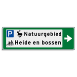 Verwijsbord KOKER Groen/wit/zwart - pijl rechts, 2 regelig met 3 pictogrammen - Klasse 3 reflecterend