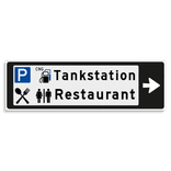 Verwijsbord KOKER Zwart/wit/zwart - pijl rechts, 2 regelig met 4 pictogrammen - Klasse 3 reflecterend