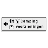 Verwijsbord KOKER Wit/zwart - pijl links, 2 regelig met 3 pictogrammen - Klasse 3 reflecterend