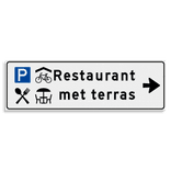 Verwijsbord KOKER Wit/zwart - pijl rechts, 2 regelig met 4 pictogrammen - Klasse 3 reflecterend