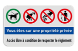 Panneau combiné - Propriété privée - Chien en laisse - Excréments de chiens interdit - Jet de détritus interdit