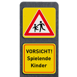 Pfosten aus Recyclingkunststoff mit 2 reflektierender Schilder - VORSICHT! Spielende Kinder