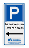 Verkeersbord parkeren bezoekers en leveranciers met pijl en logo - reflecterend