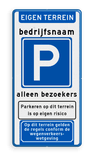 Toegangsbord bezoekers parkeren met bedrijfsnaam, pictogram en tekst - reflecterend