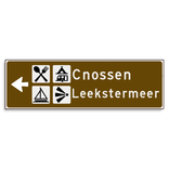 Verwijsbord KOKER Bruin/wit/zwart met pijl links, 2 regelige tekst en 4 pictogrammen