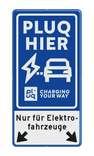 Verkeersbord oplaadpunt met tekst en pijlen - huisstijl Pluq (DE) - reflecterend